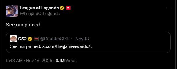 LMHT bất ngờ lên tiếng 'đòi var' với CS2 ngay trước thềm The Game Awards 2025 Tương tác giữa LMHT và CS2 trên mạng xã hội