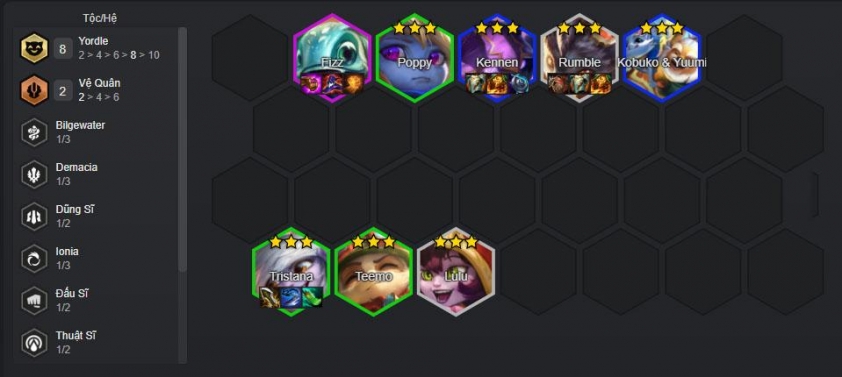 Đội hình Yordle 'dát vàng' DTCL mùa 16 Đội hình Yordle gồm Rumble, Lulu, Teemo, Poppy, Tristana, Kennen, Kobuko và Fizz